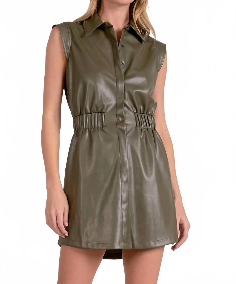 NEW ELAN sleeveless faux leather utility dress in olive green